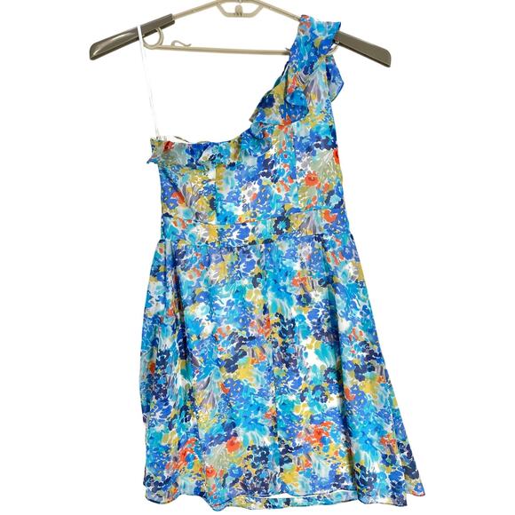Tahari Womens Dress Size 12 Blue Floral Printed One Shoulder Colorful Flowy - Picture 3 of 7